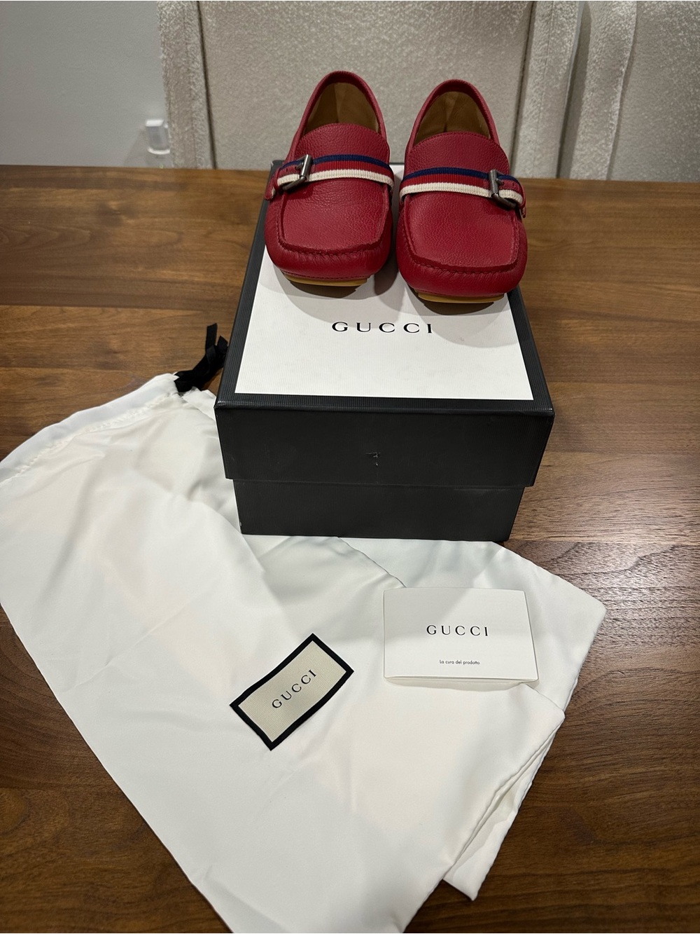 Gucci Red Pebbled Leather Loafers with Blue & White Web Detail
